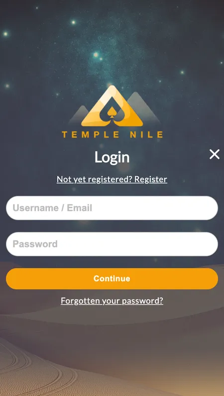 Temple Nile homepage with login button